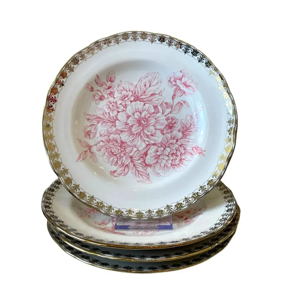 222 Fifth Pink Gold Floral Porcelain Salad Plates 8.5” Set of 4 Chic Easter NEW